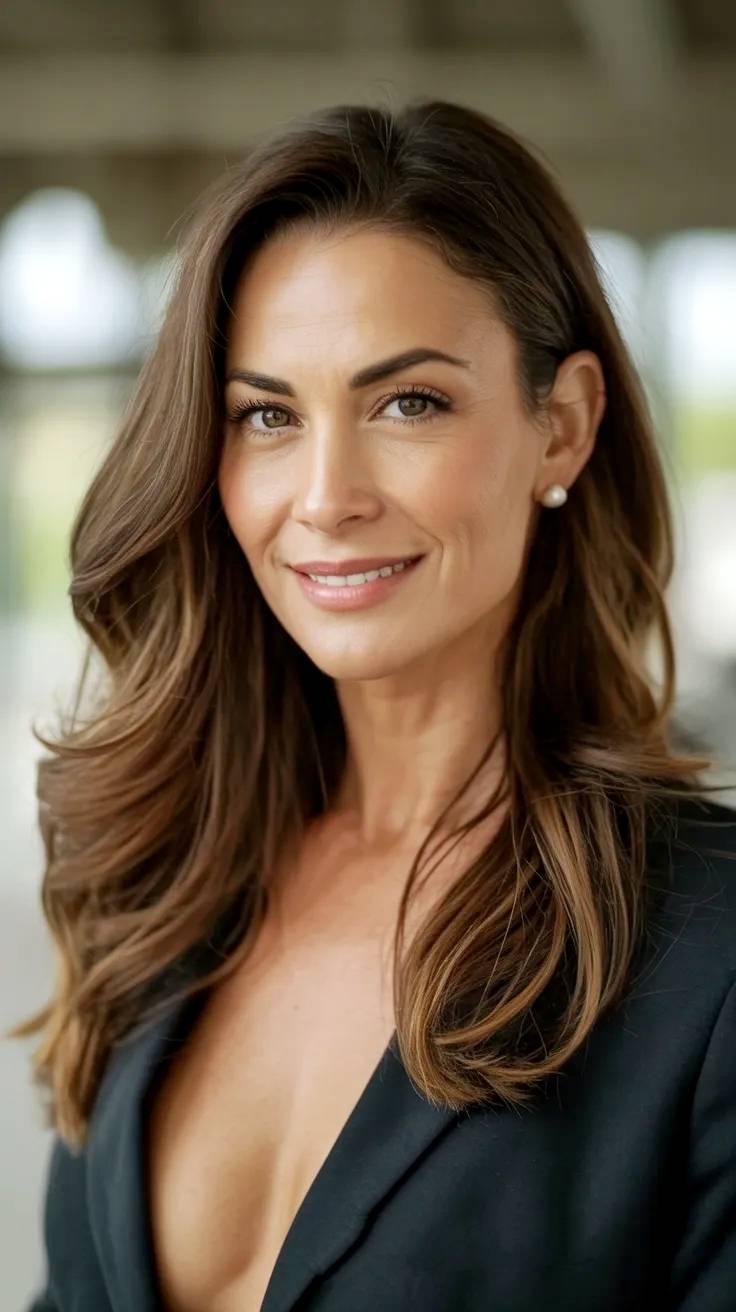 Atractiva modelo de pelo castaño con chaqueta negra.