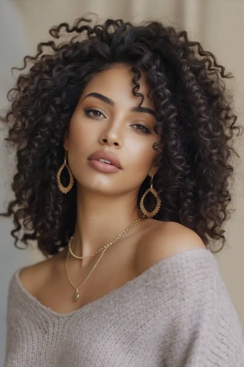 Atractiva modelo morena con joyería y pelo con rizos naturales.