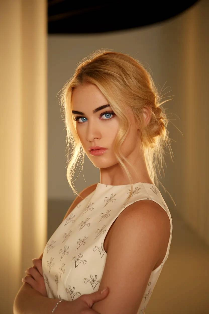 Atractiva modelo rubia con vestido blanco estampado.