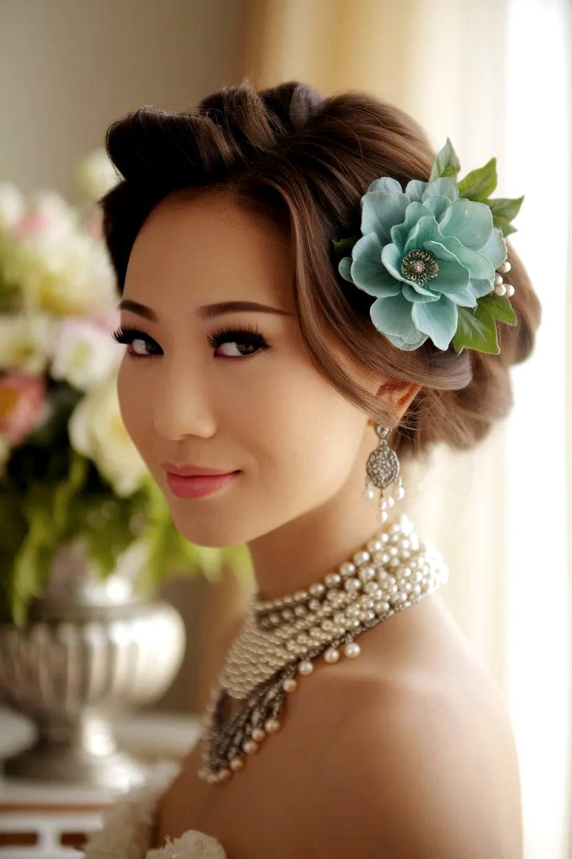 Bella modelo asiática con joyería y atrezo en el pelo.