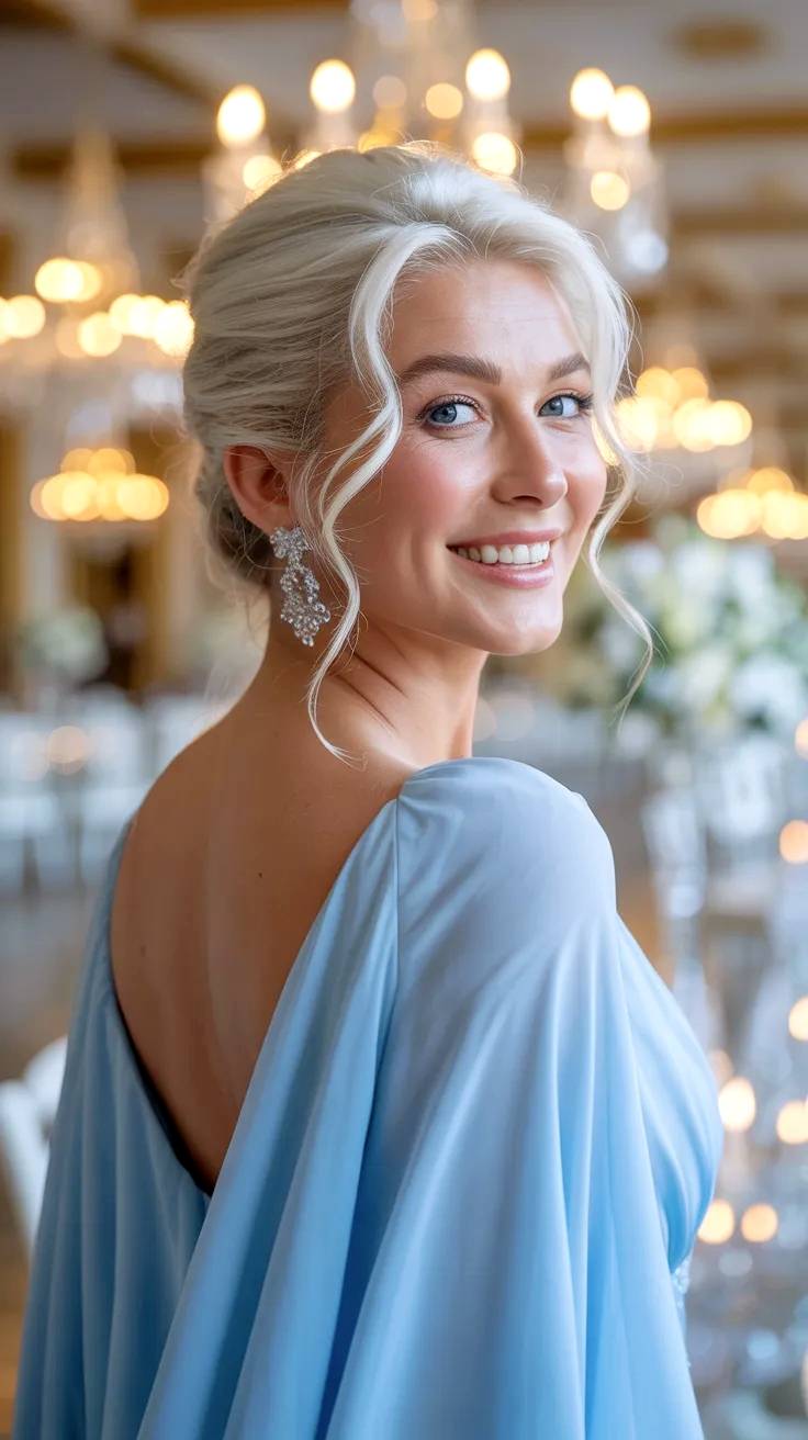 Bella modelo rubia posando con traje de noche celeste.