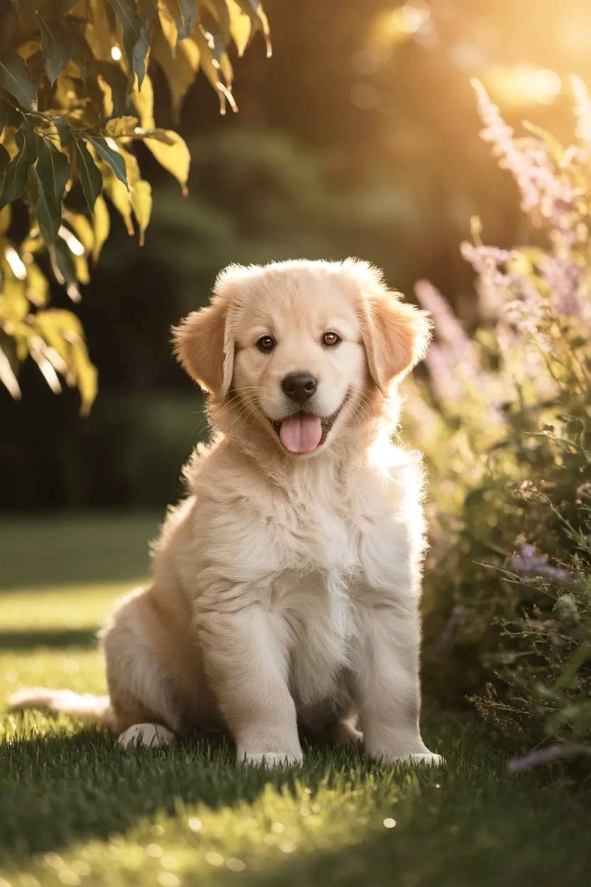 Cachorro de Golden retriever posando en jardín.