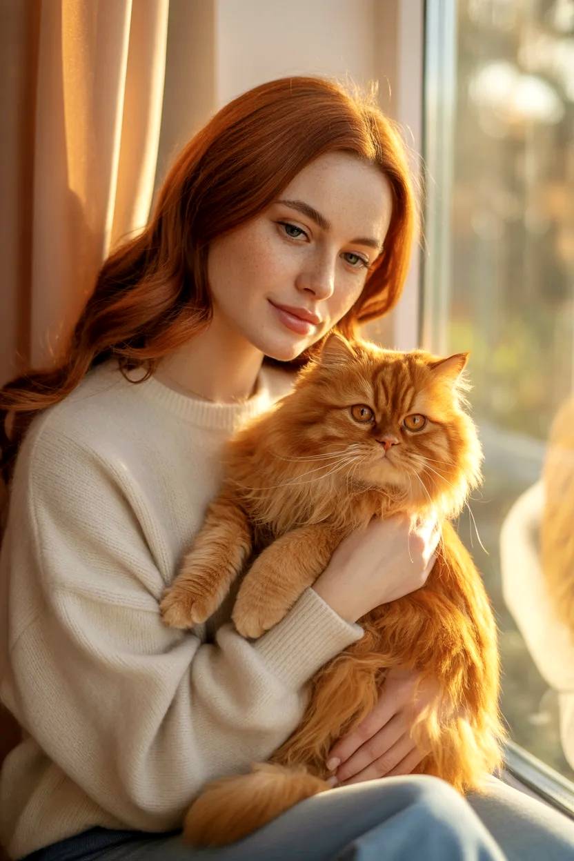 Chica con gato junto a ventana.