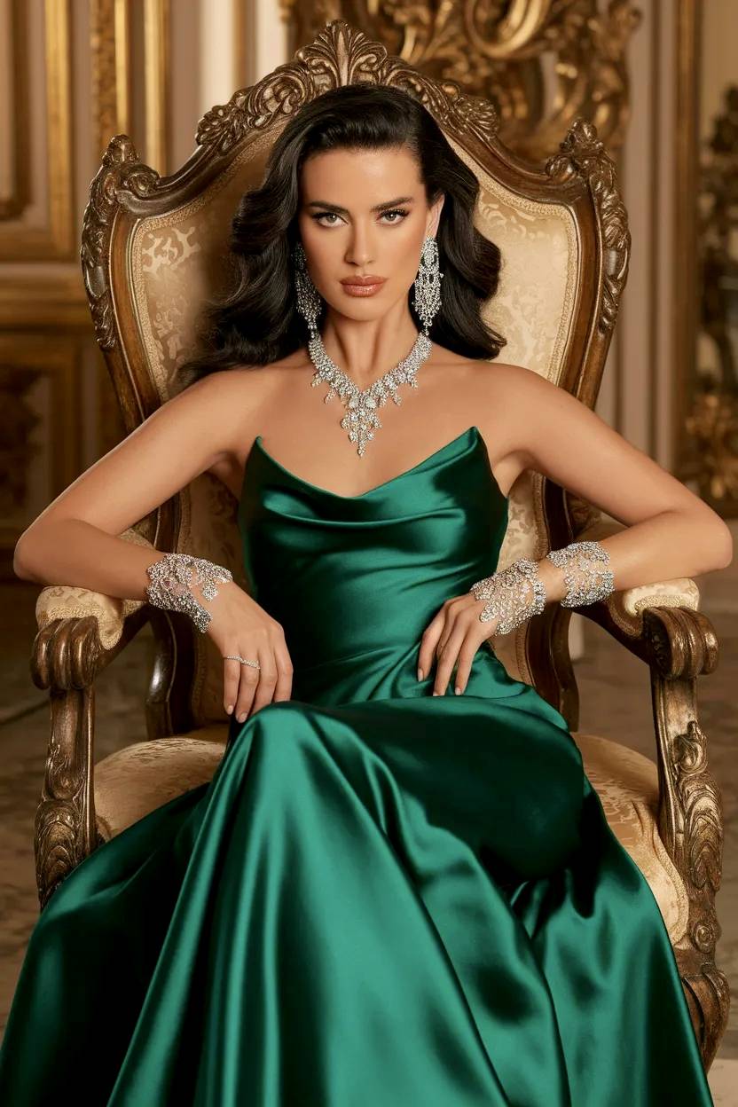 Elegante modelo de joyería en salón con vestido de noche verde.