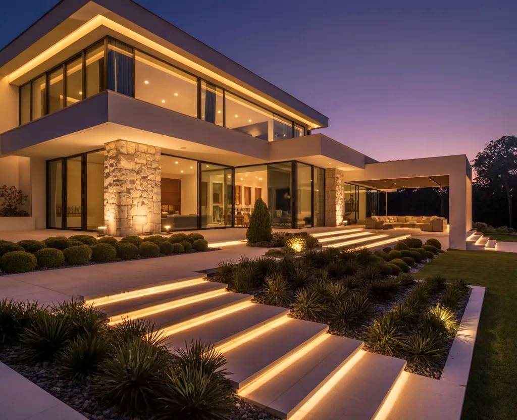 Exterior vivienda de lujo con jardín.