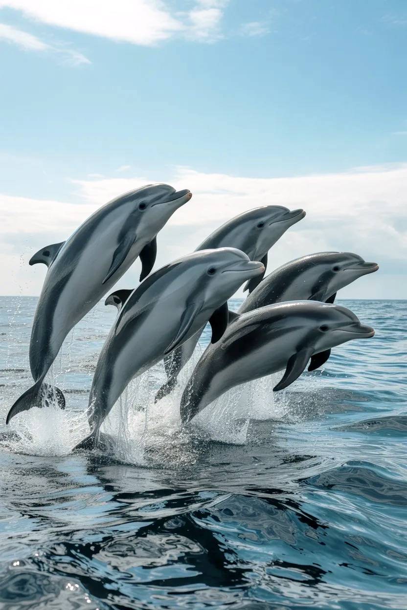 Grupo de delfines emergiendo del agua marina.