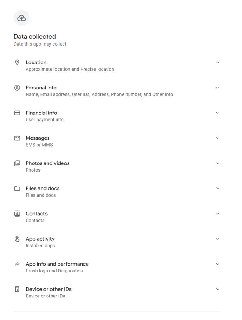 Lista de permisos solicitados por una app de préstamos maliciosa.