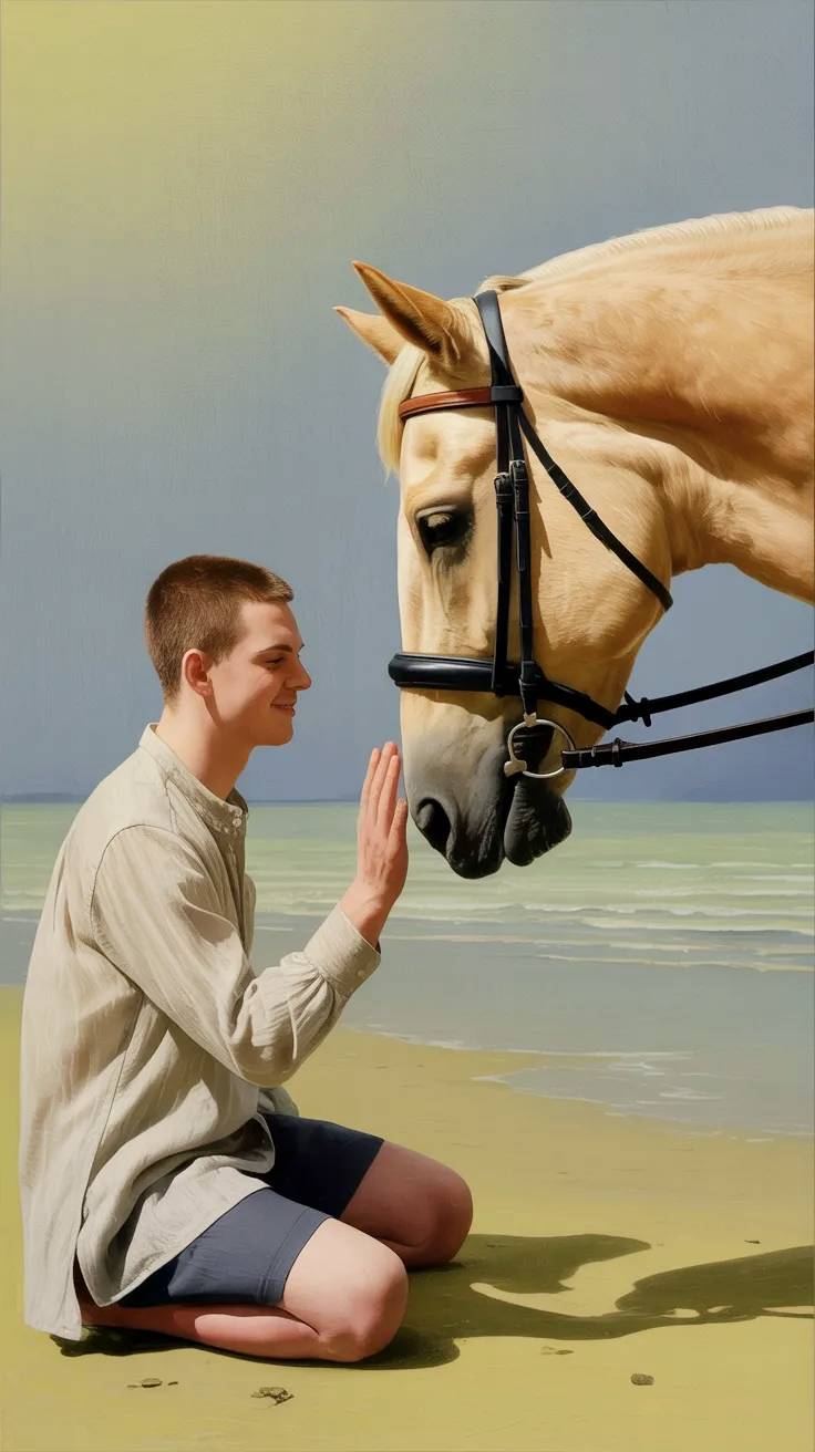 Joven con caballo en la orilla del mar.