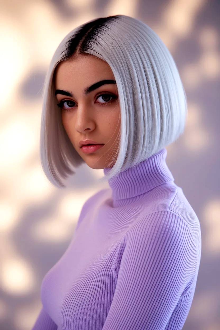 Joven modelo con pelo bitono y jersey color lila.