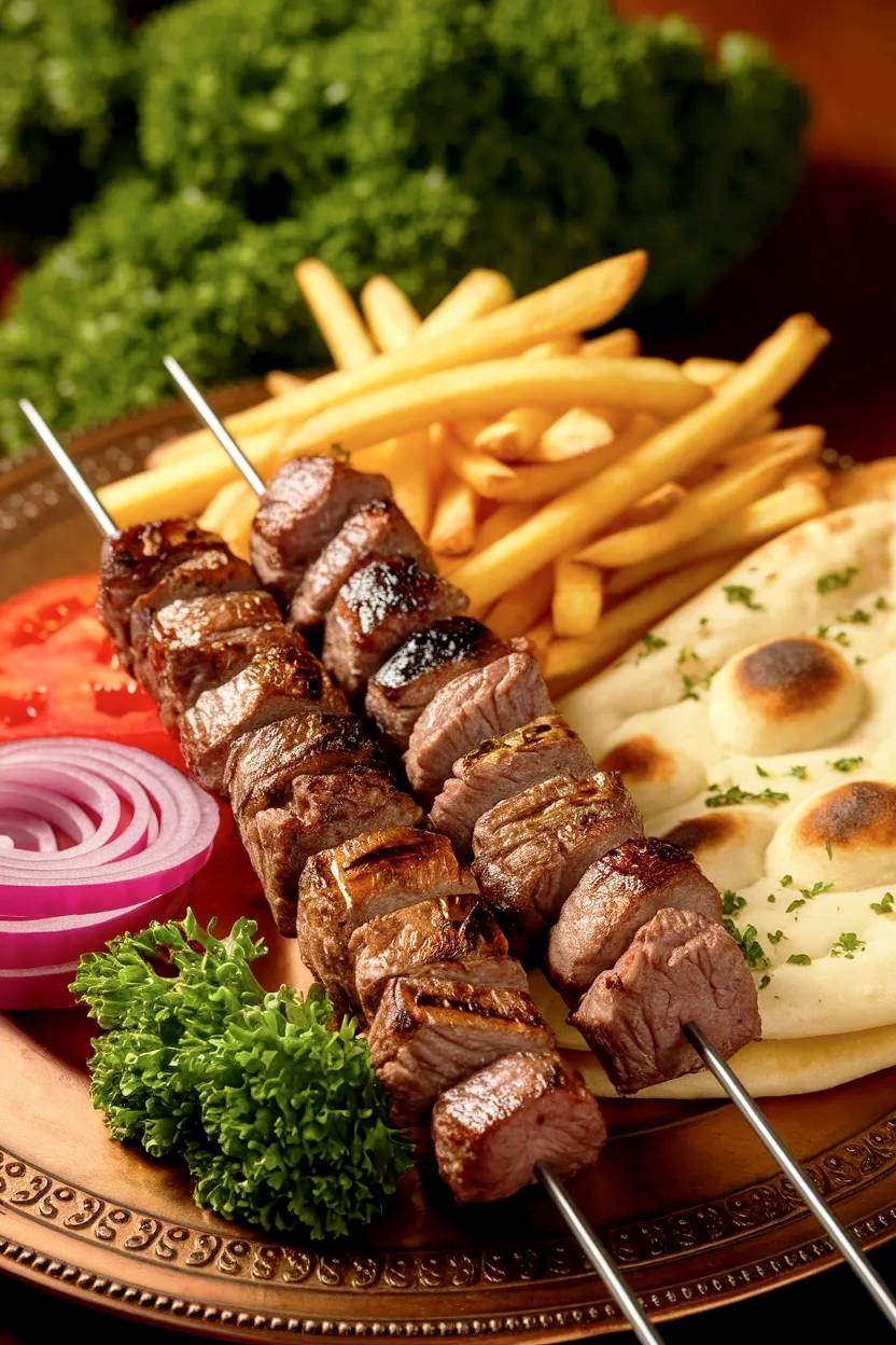 Menú de brochetas de carne a la italiana.