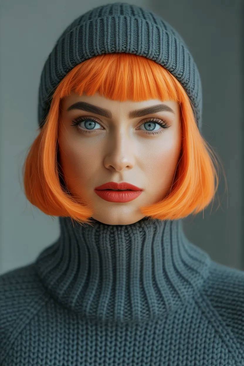 Modelo femenina con pelo naranja y elegantes prendas de lana.