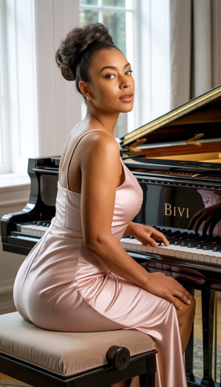 Mujer de piel morena y vestido de satén sentada al piano.