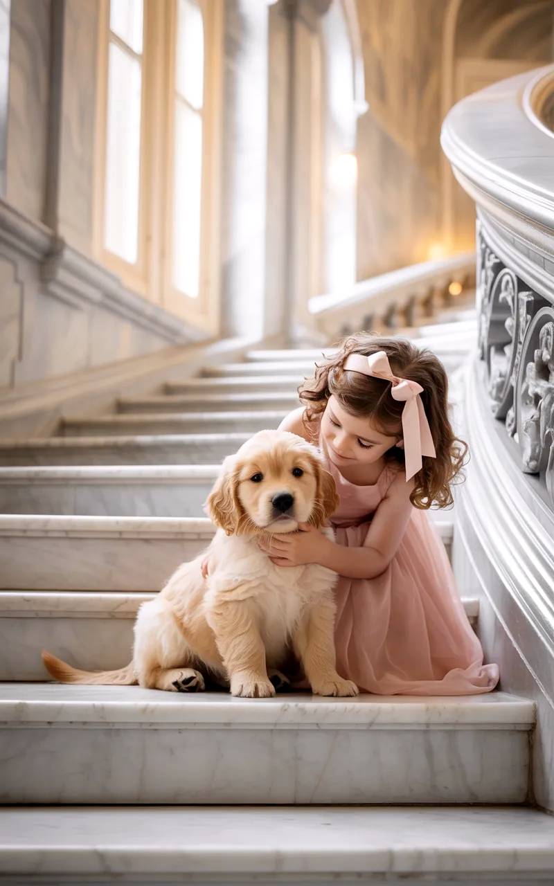 Niña con cachorro de labrador en escaleras de palacio.