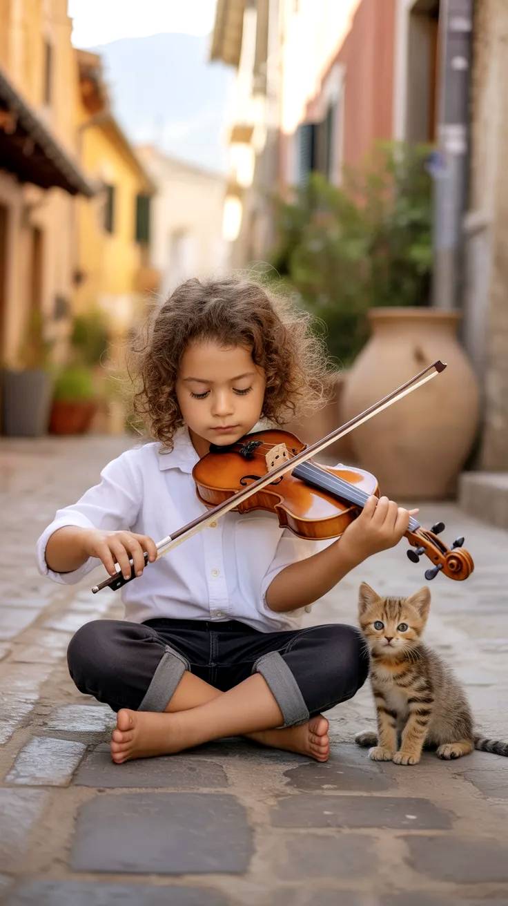 Niño tocando el violín en la calle junto a su gatito.