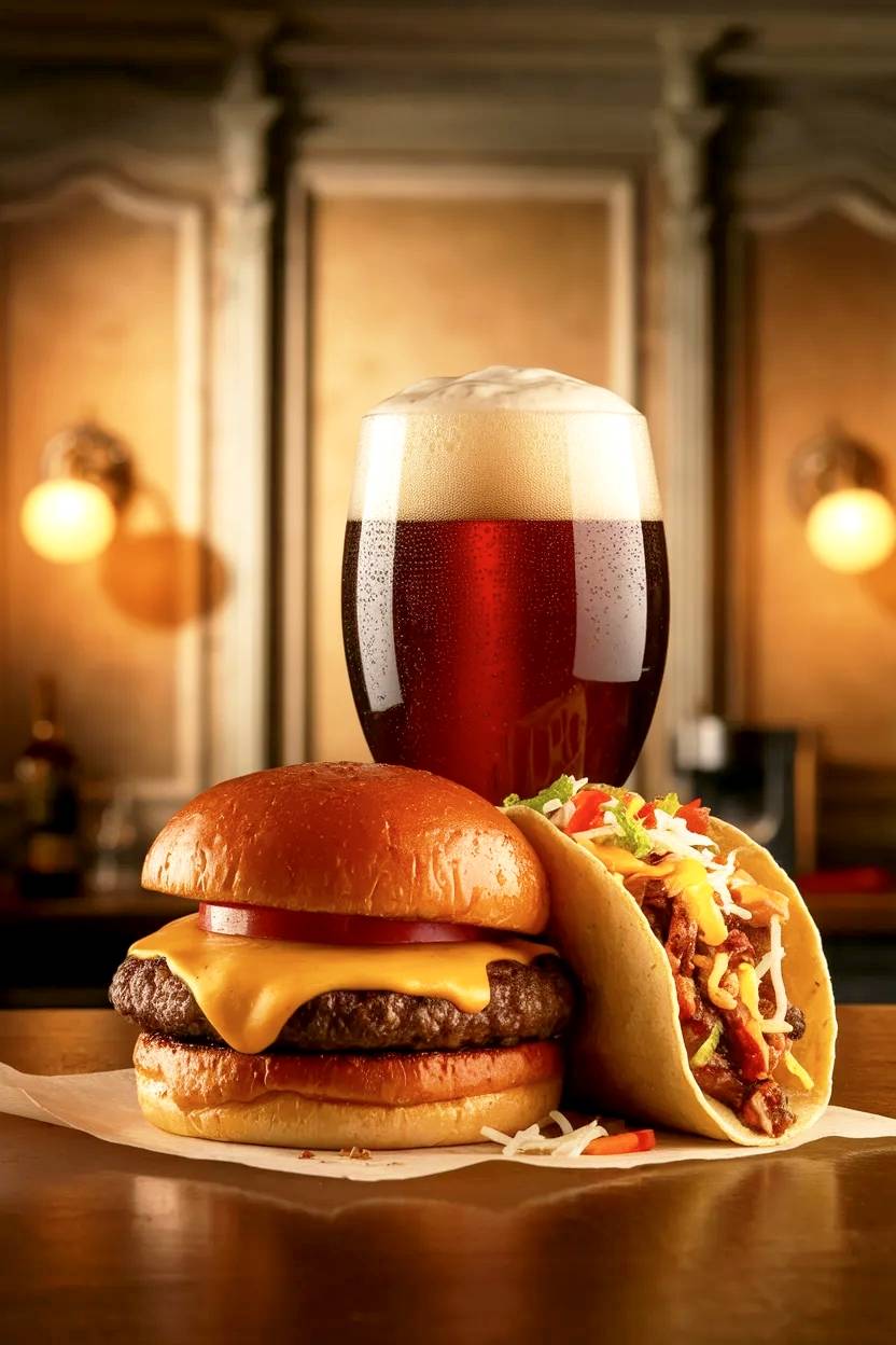 Promo burguer and taco with beer.