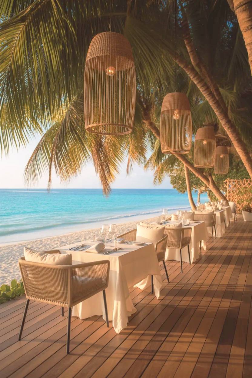 Terraza restaurante en playa paradisiaca.