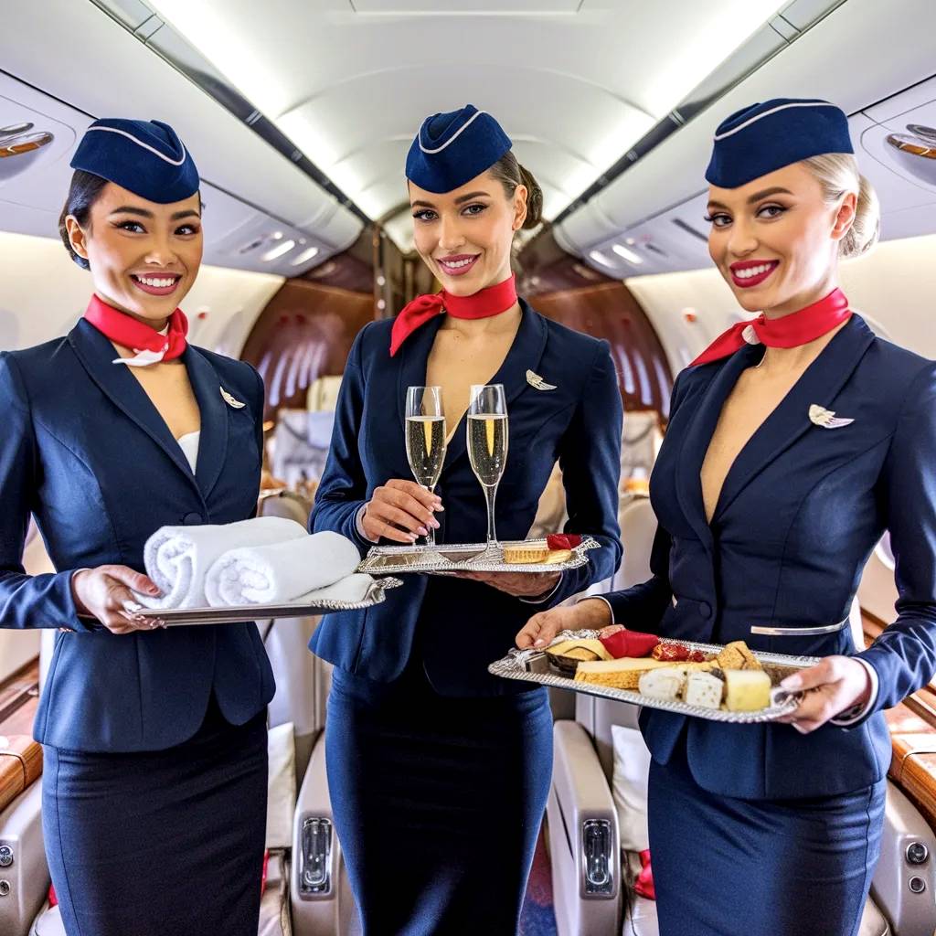 Trío de azafatas de vuelo posando.