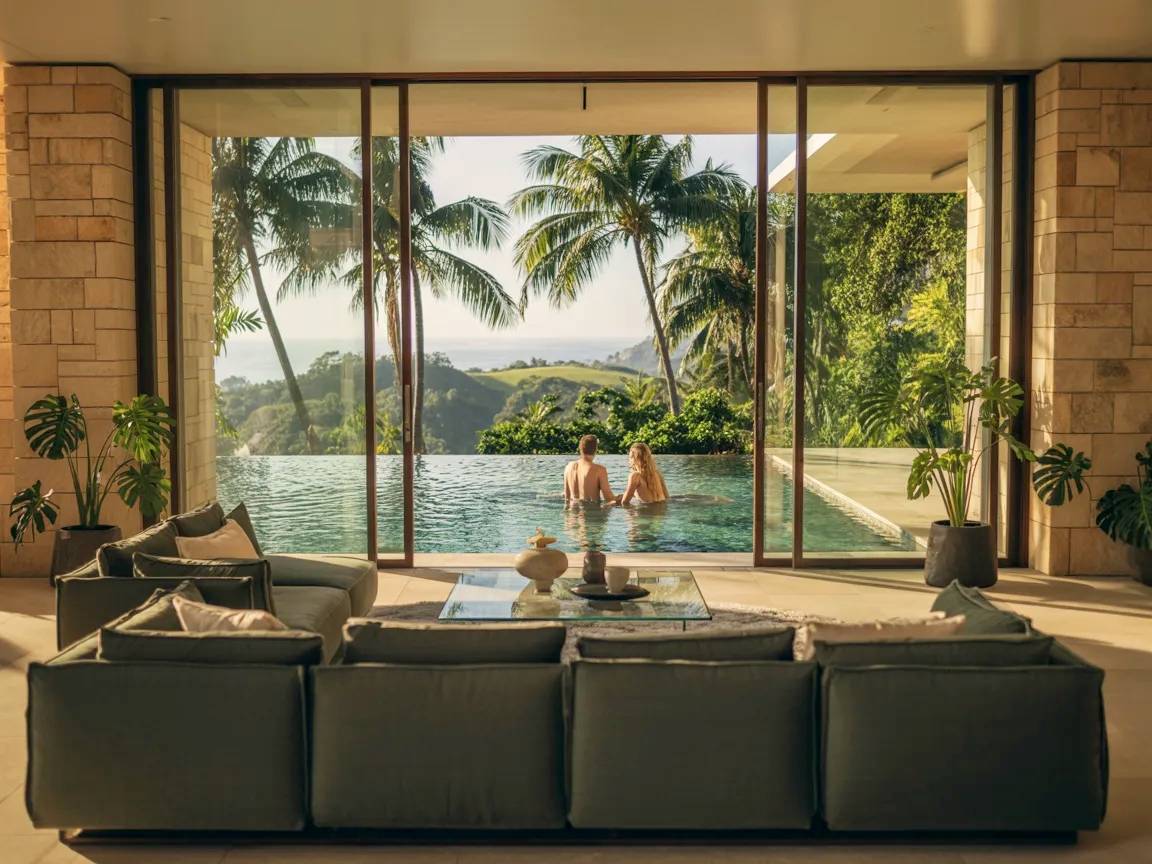 Vista desde el salón de una elegante vivienda con piscina y pareja tomando un baño.