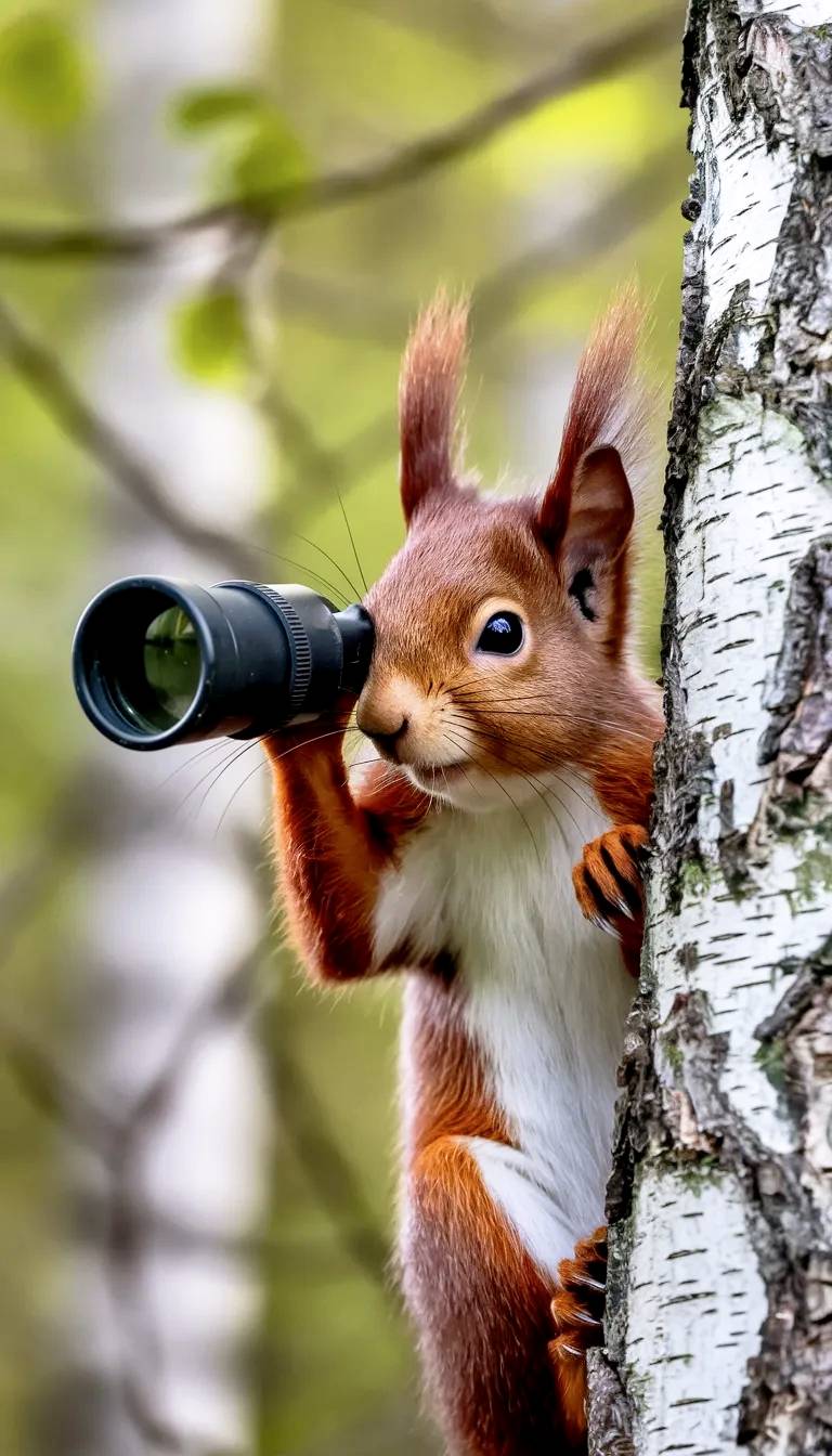 Ardilla mirando con prismáticos desde un arbol.