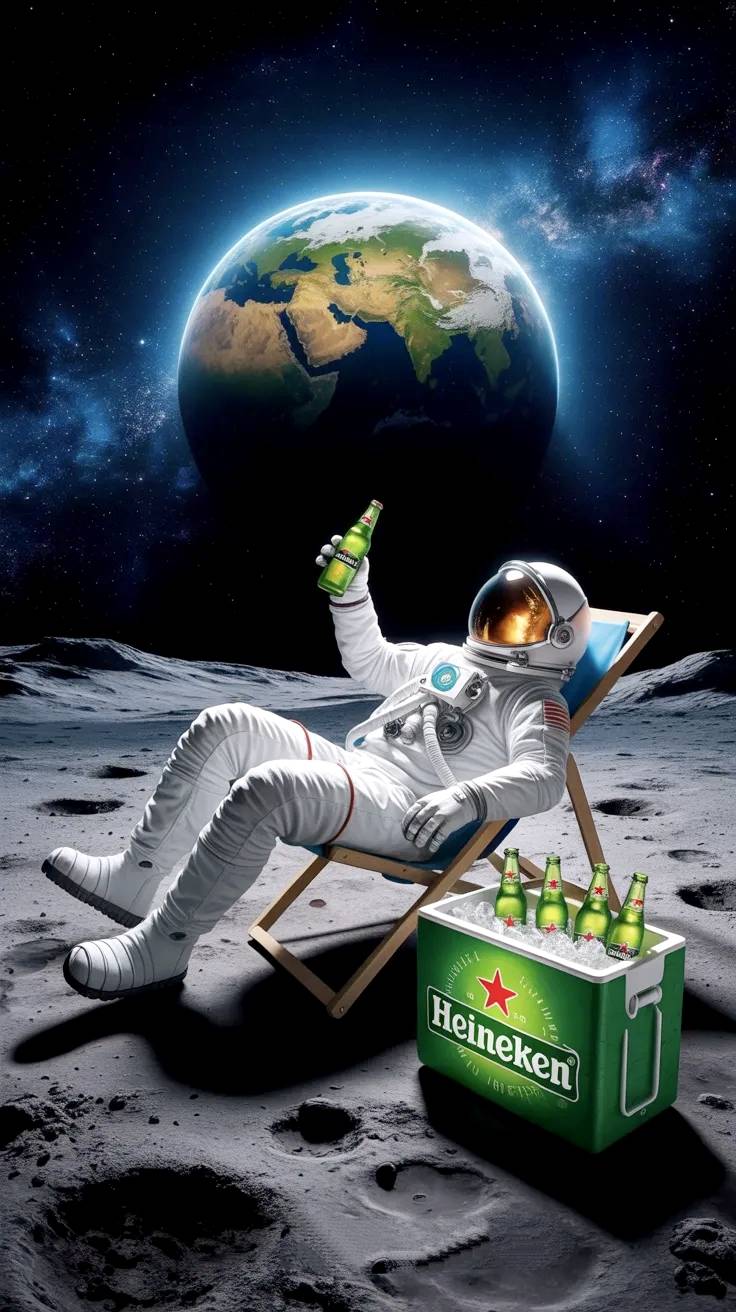 Astronauta con Heineken en la luna.
