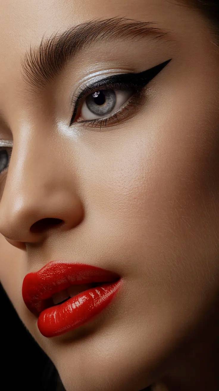 Atractiva modelo de maquillaje con labios rojo pasión y linea de ojos.