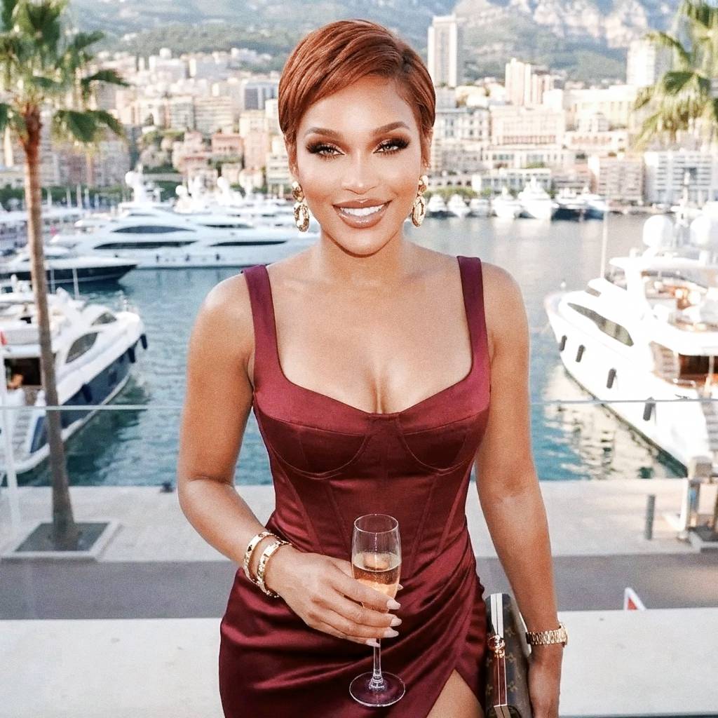 Atractiva modelo pelirroja posando con copa en puerto deportivo.