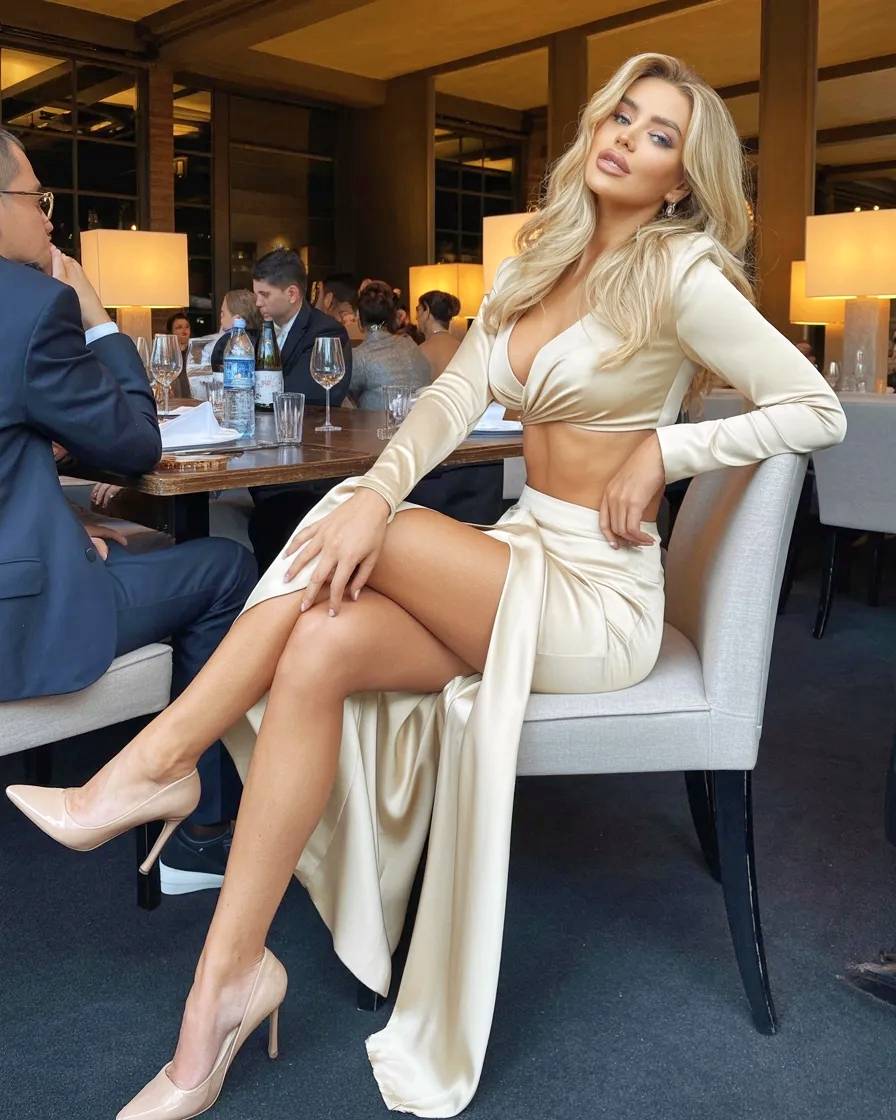 Atractiva modelo rubia con vestido marfil en restaurante.