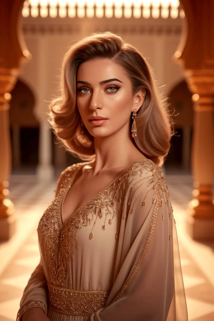 Bella modelo posando en palacio árabe.