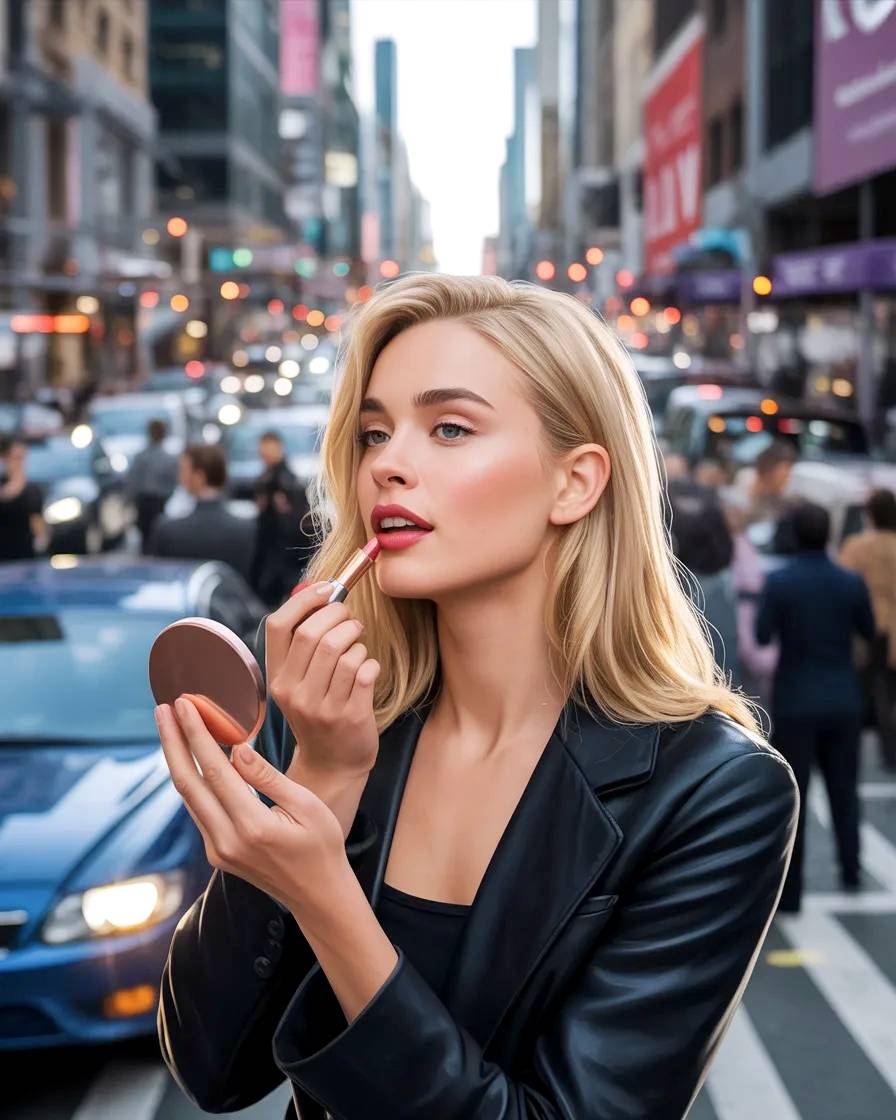 Bella modelo rubia con lapiz labial en pleno centro de NY.