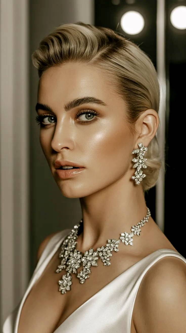 Bella modelo rubia posando con joyas con diamantes.