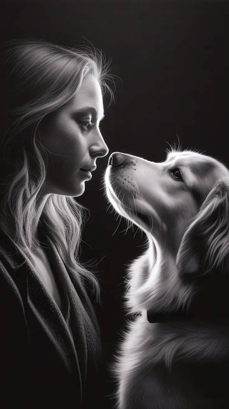 Chica con su perro en blanco y negro a contra luz.