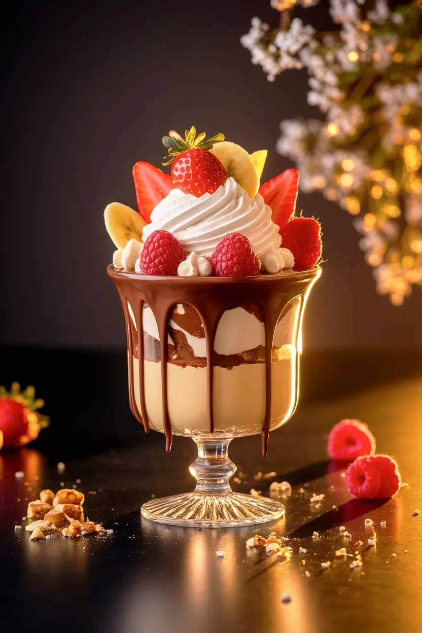 Copa de helado con fresas y plátano.