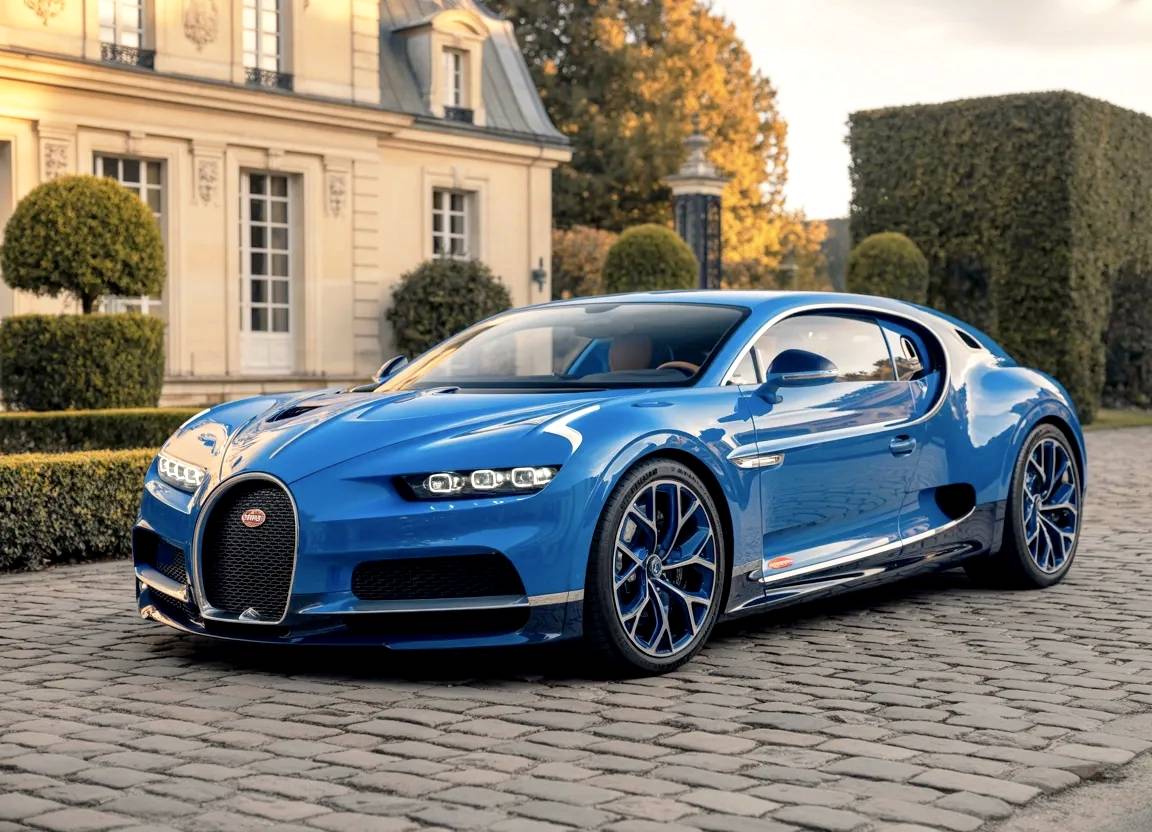 Deportivo de lujo azul ante mansión.