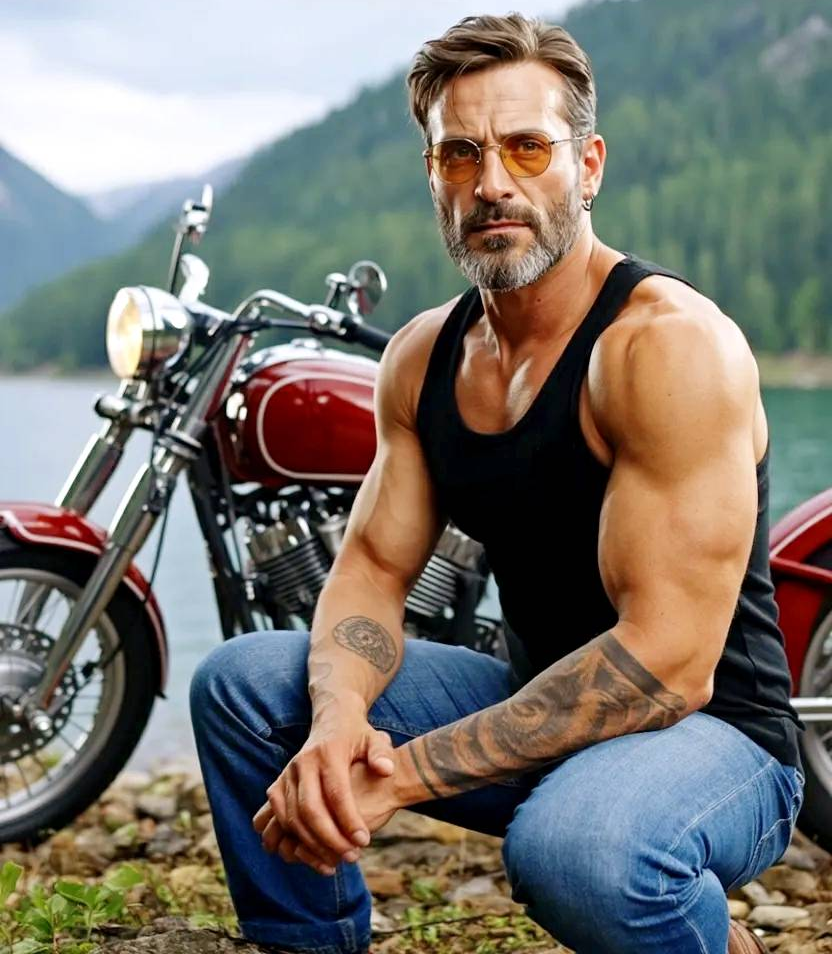 Hombre motero posando junto a su moto en lago.