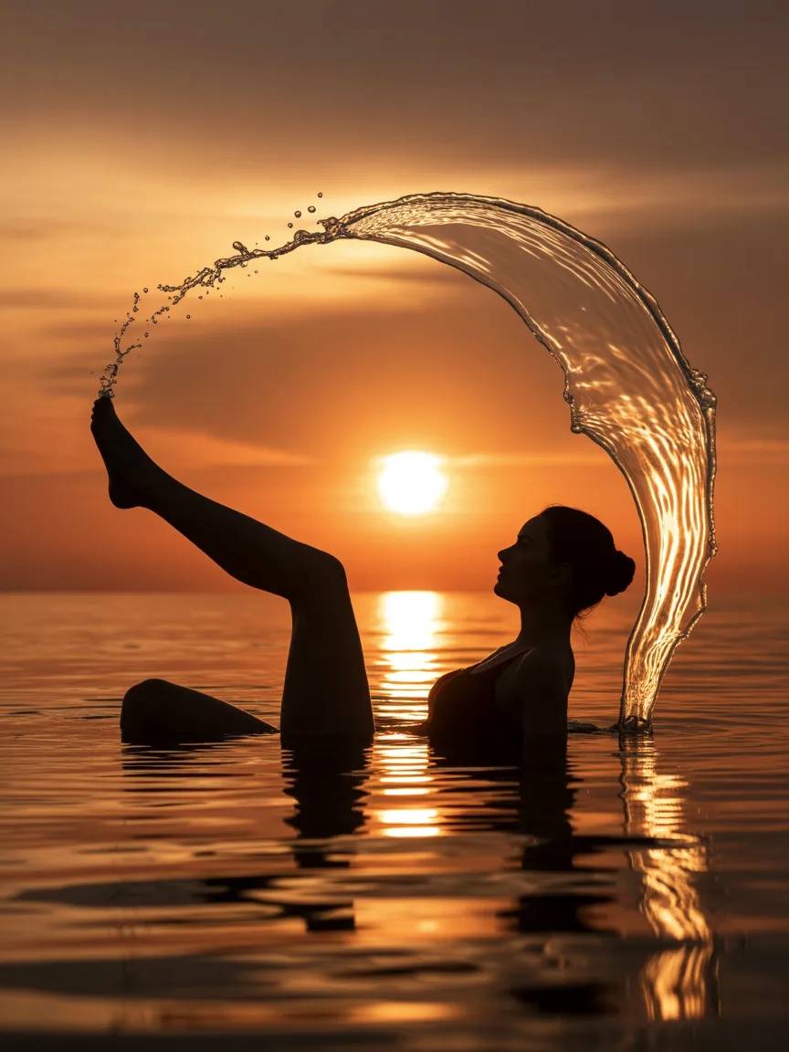 Imagen cinemática de mujer en el mar al atardecer.