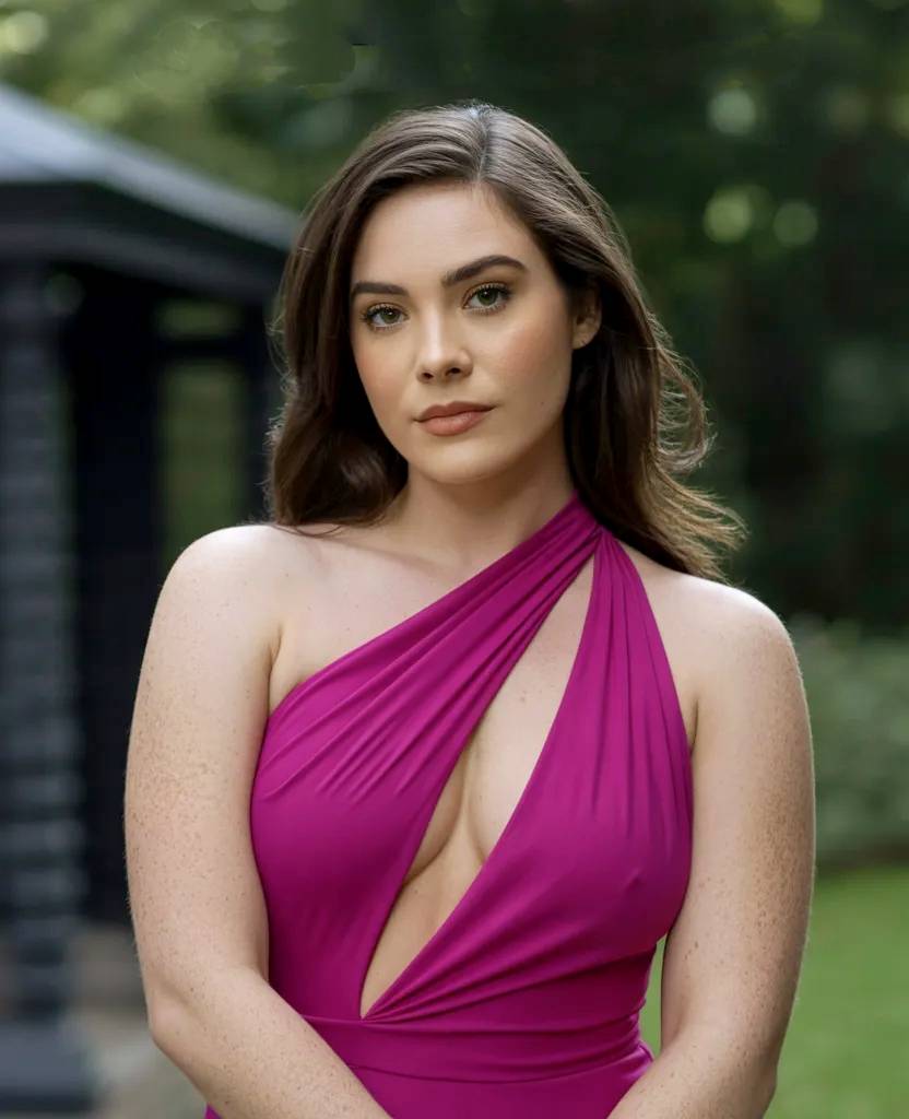 Joven modelo morena con vestido de noche morado y abierto.