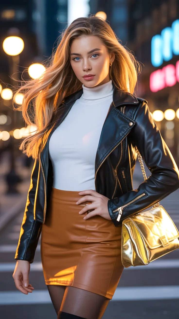 Joven modelo posando con bolso dorado en gran avenida.