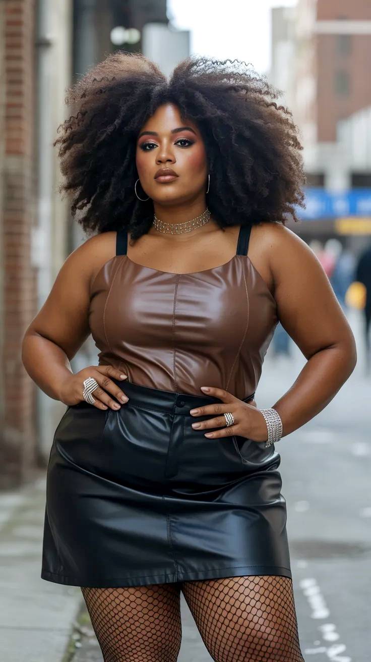 Modelo cuvy de color vestida de cuero.