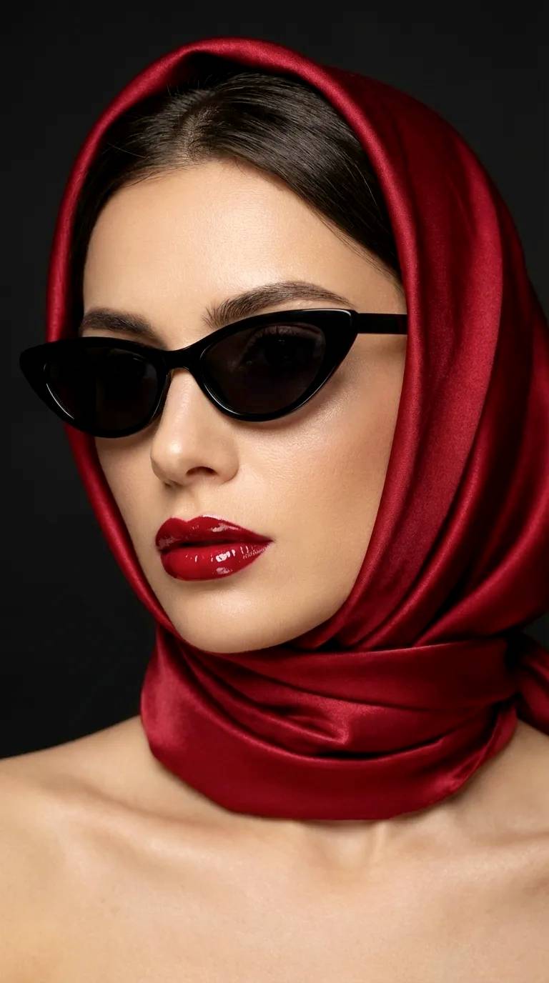 Modelo de lapiz labial con pañuelo rojo y gafas de sol.
