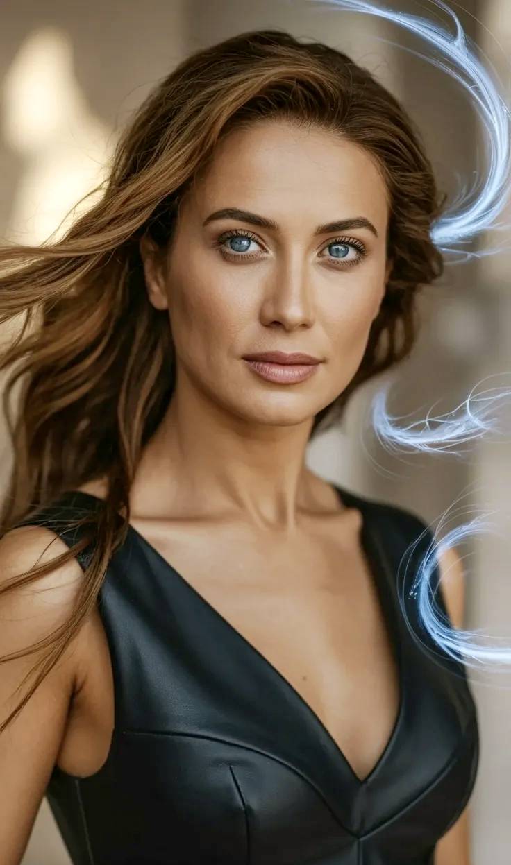 Modelo de ojos azules con vestido de piel negro y vetas de viento azul.