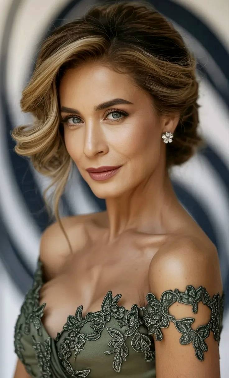 Modelo madura con traje de fiesta y pelo recogido.