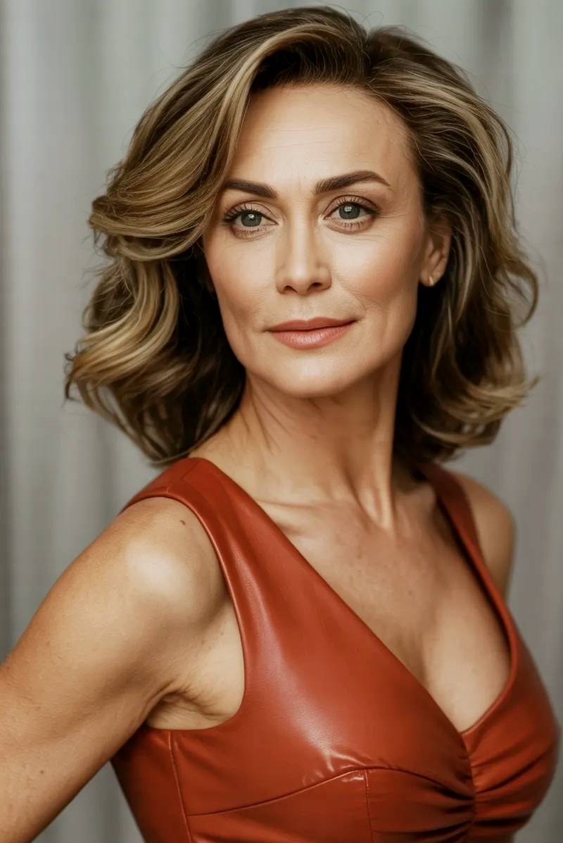 Modelo madura con vestido de piel marrón.