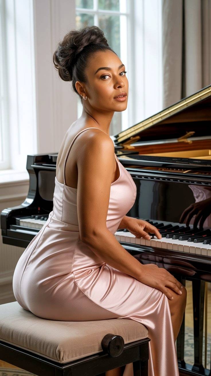 Modelo morena con vestido satén sentada al piano.