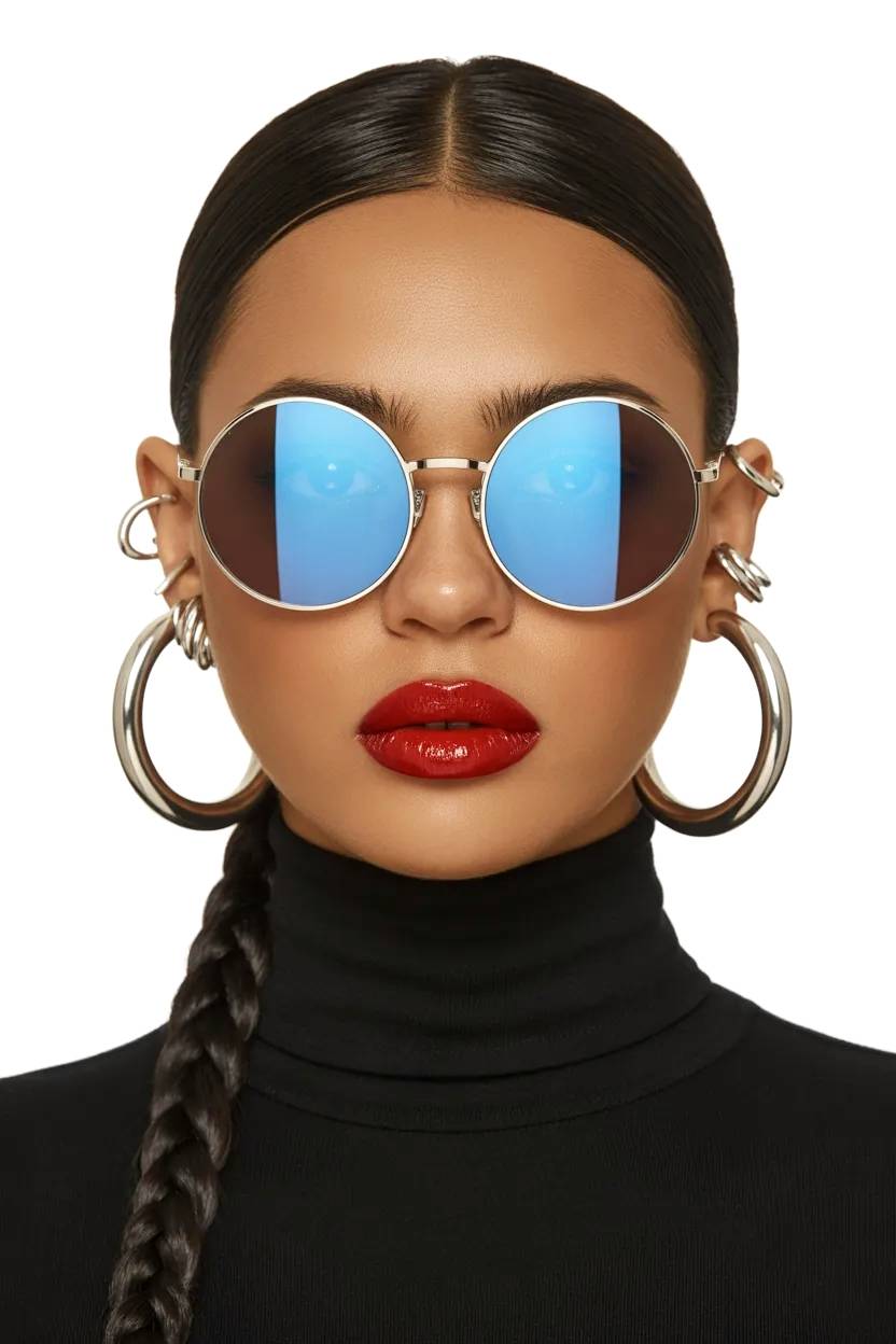 Modelo morena de lápiz labial con piercings y jersey negro.