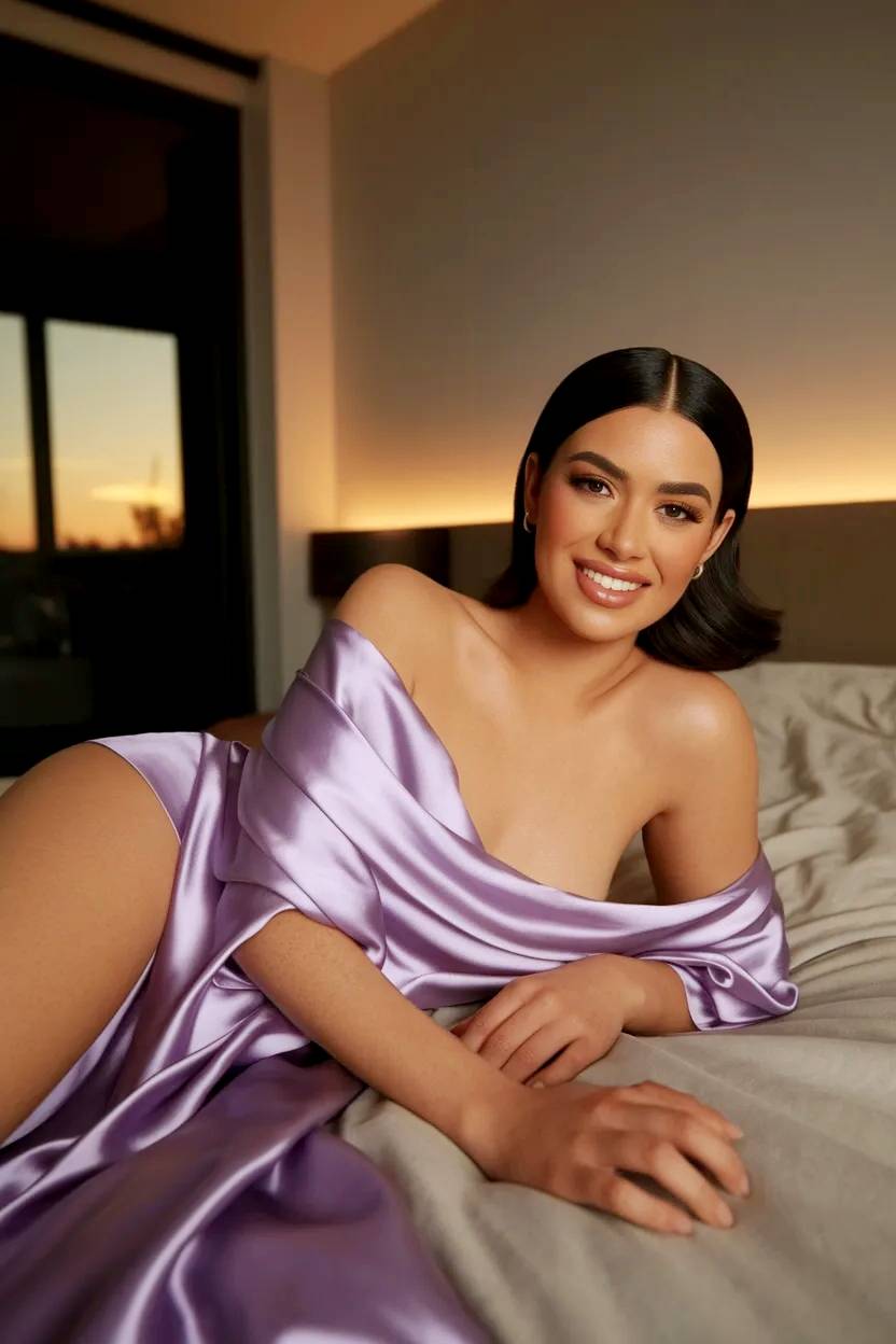 Modelo morena recostada con vestido lila.