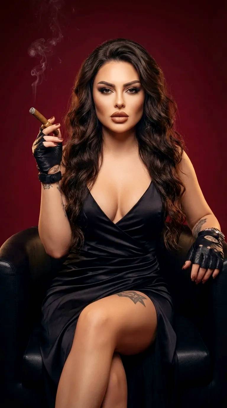 Modelo morena vestida de negro fumando puro sentada.