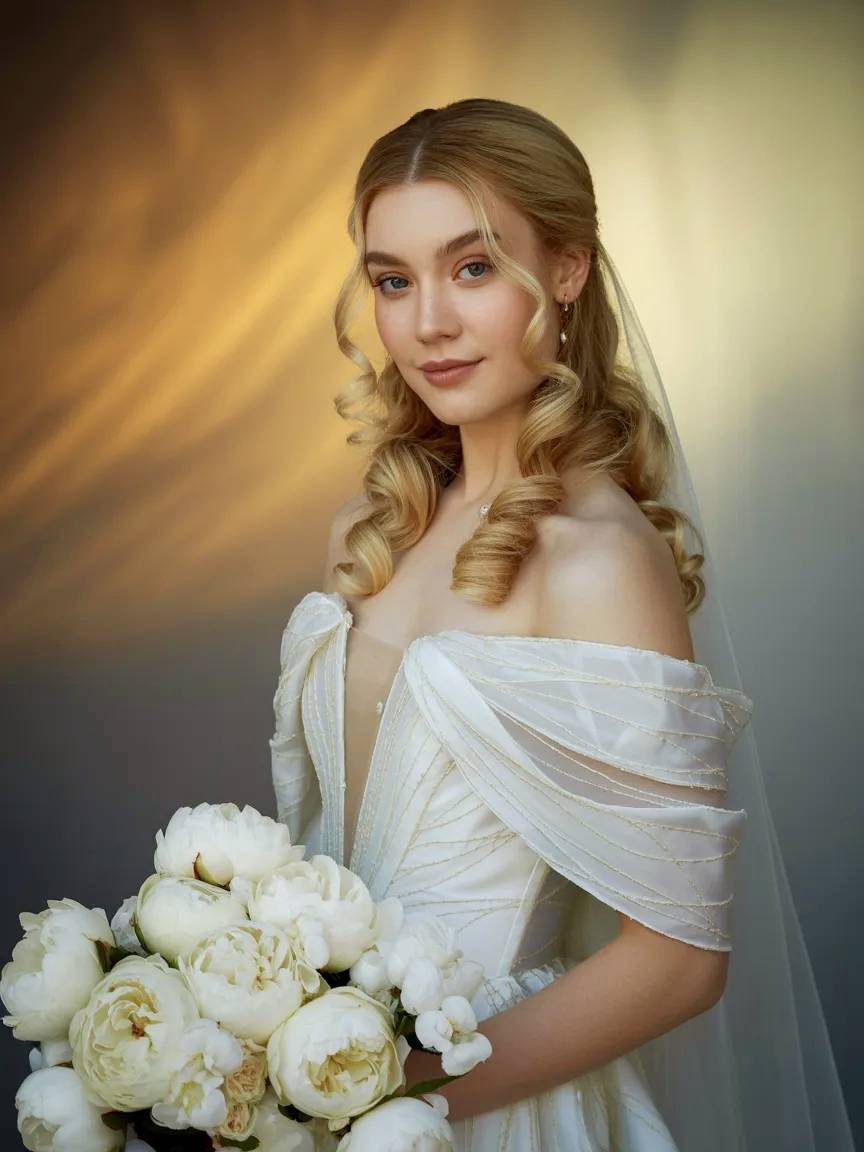 Modelo nupcial rubia con vestido de diseño blanco.