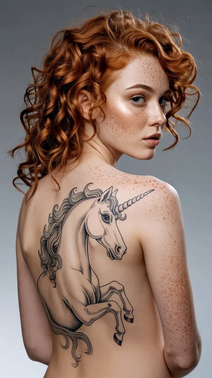Modelo pelirroja con tatoo de unicornio en espalda.