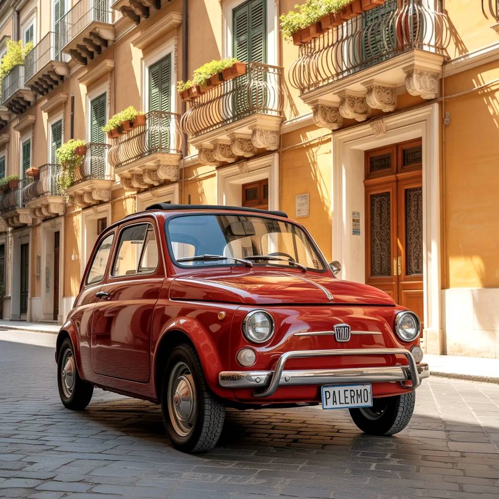 Modelo retro Fiat 600 en calle de Palermo.