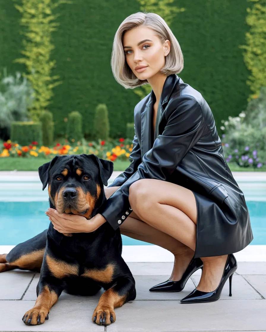 Modelo rubia con chaqueta de piel y Rottweiler junto a piscina.